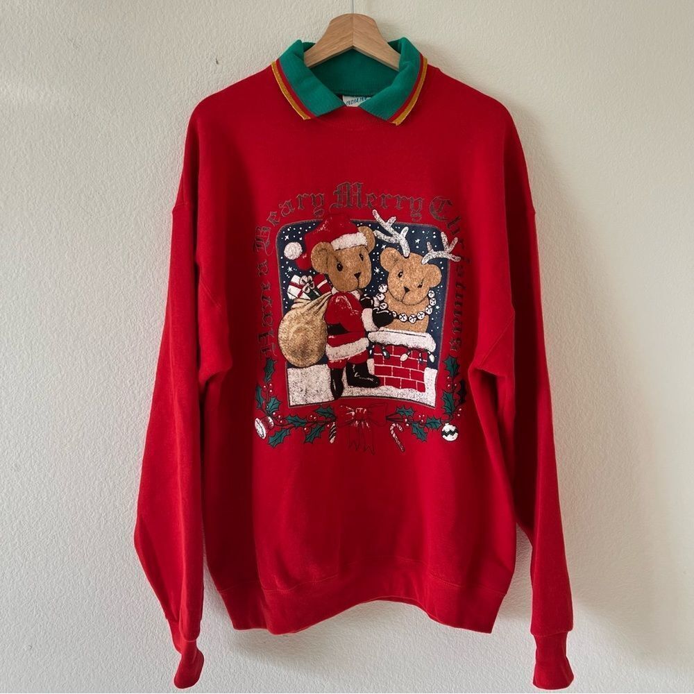 Vintage Hand Painted Made in USA Beary Christmas Bear Holiday Sweatshirt OS